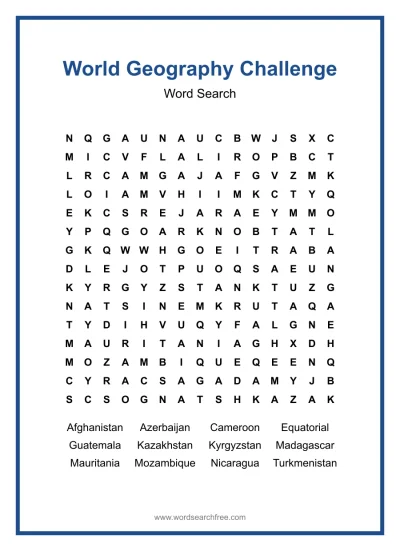 Printable World Geography Challenge Word Search worksheet