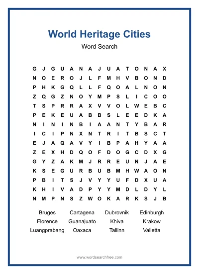 Printable World Heritage Cities Word Search worksheet