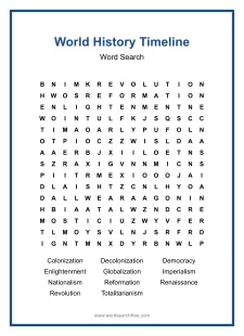 World History Timeline - Hard Word Search Puzzle