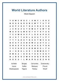 World Literature Authors Word Search - Free printable puzzle with 12 words