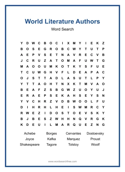 Printable World Literature Authors Word Search worksheet