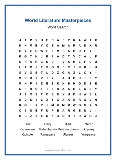 Printable World Literature Masterpieces Word Search worksheet