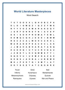 World Literature Masterpieces - printable word search worksheet