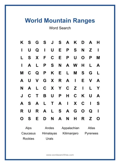 Printable World Mountain Ranges Word Search worksheet