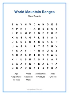 World Mountain Ranges - Medium Word Search Puzzle