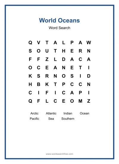 Printable World Oceans Word Search worksheet