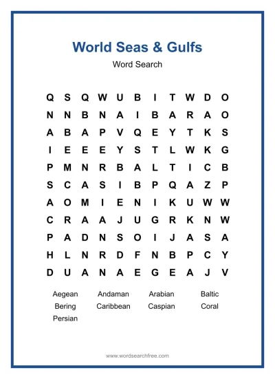 Printable World Seas & Gulfs Word Search worksheet