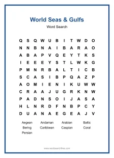 World Seas & Gulfs Word Search - Free printable puzzle with 9 words
