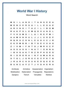 World War I History Word Search - Free printable puzzle with 12 words