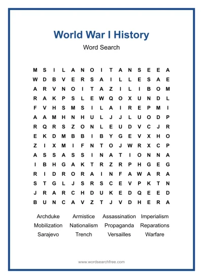 Printable World War I History Word Search worksheet