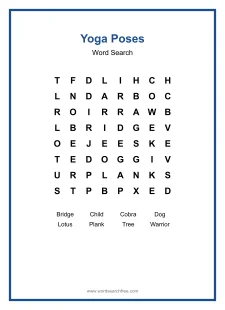 Yoga Poses Word Search - Free printable puzzle with 8 words