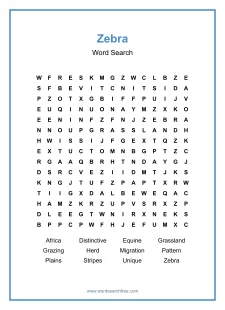 Zebra Word Search - Free printable puzzle with 12 words