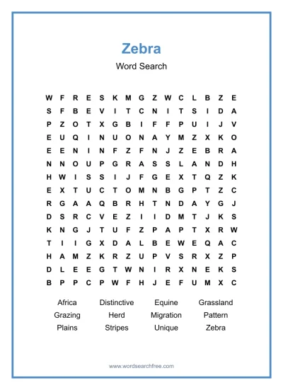 Printable Zebra Word Search worksheet