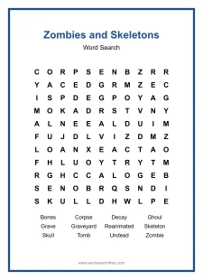 Zombies and Skeletons - Medium Word Search Puzzle