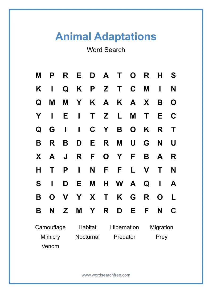 Animal Adaptations Word Search - Free printable puzzle with 9 words