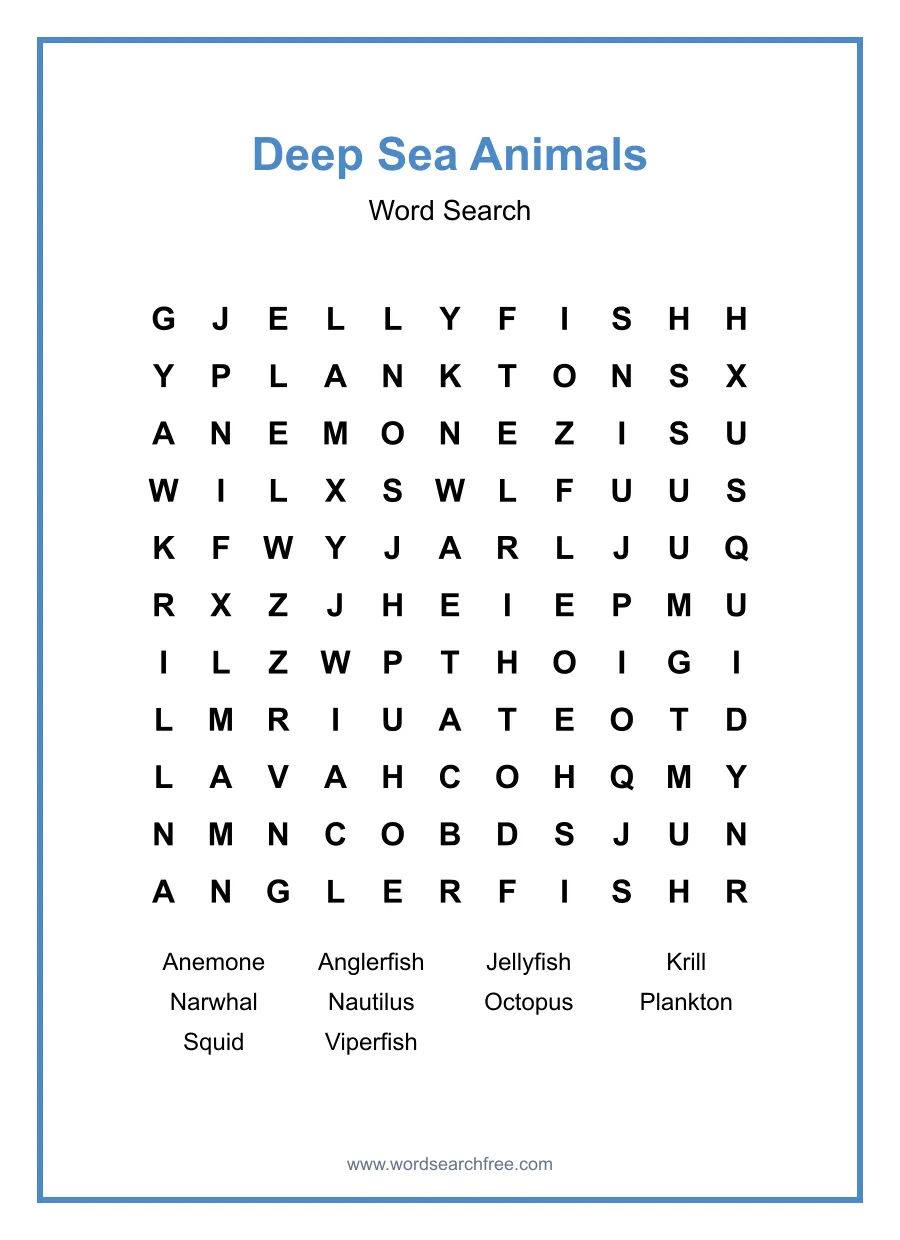 Deep Sea Animals Word Search - Free printable puzzle with 10 words