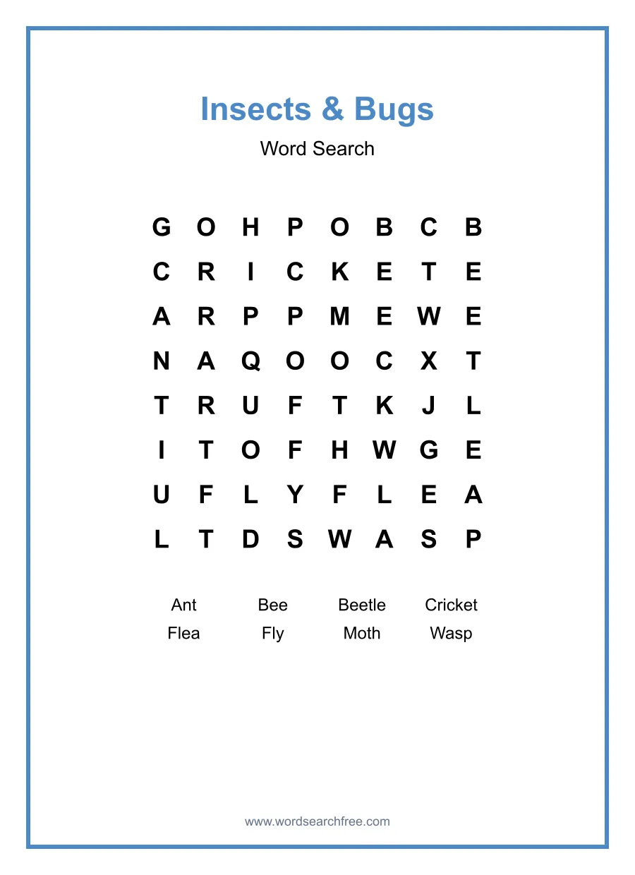 Insects & Bugs Word Search - Free printable puzzle with 8 words