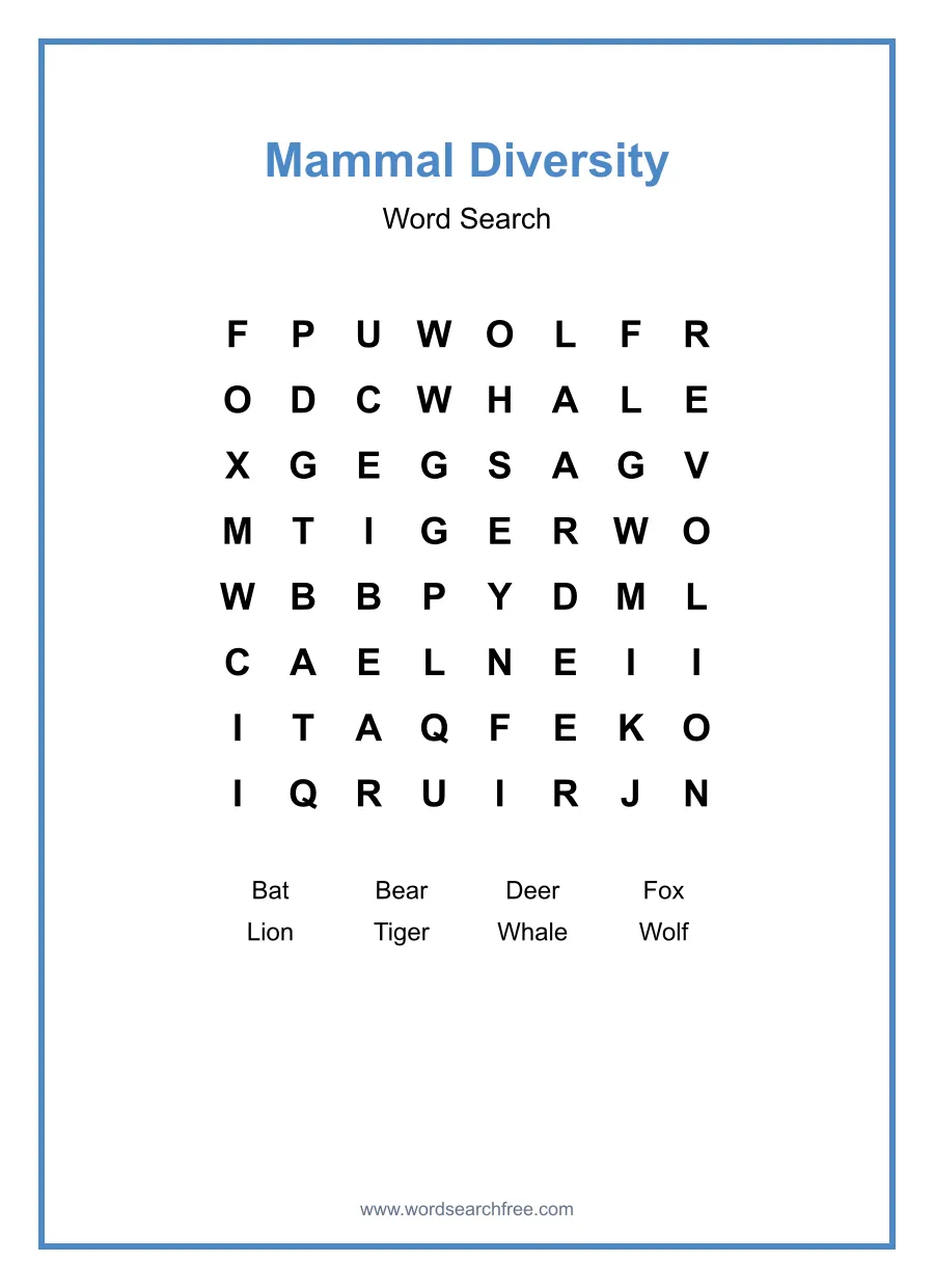 Mammal Diversity Word Search - Free printable puzzle with 8 words
