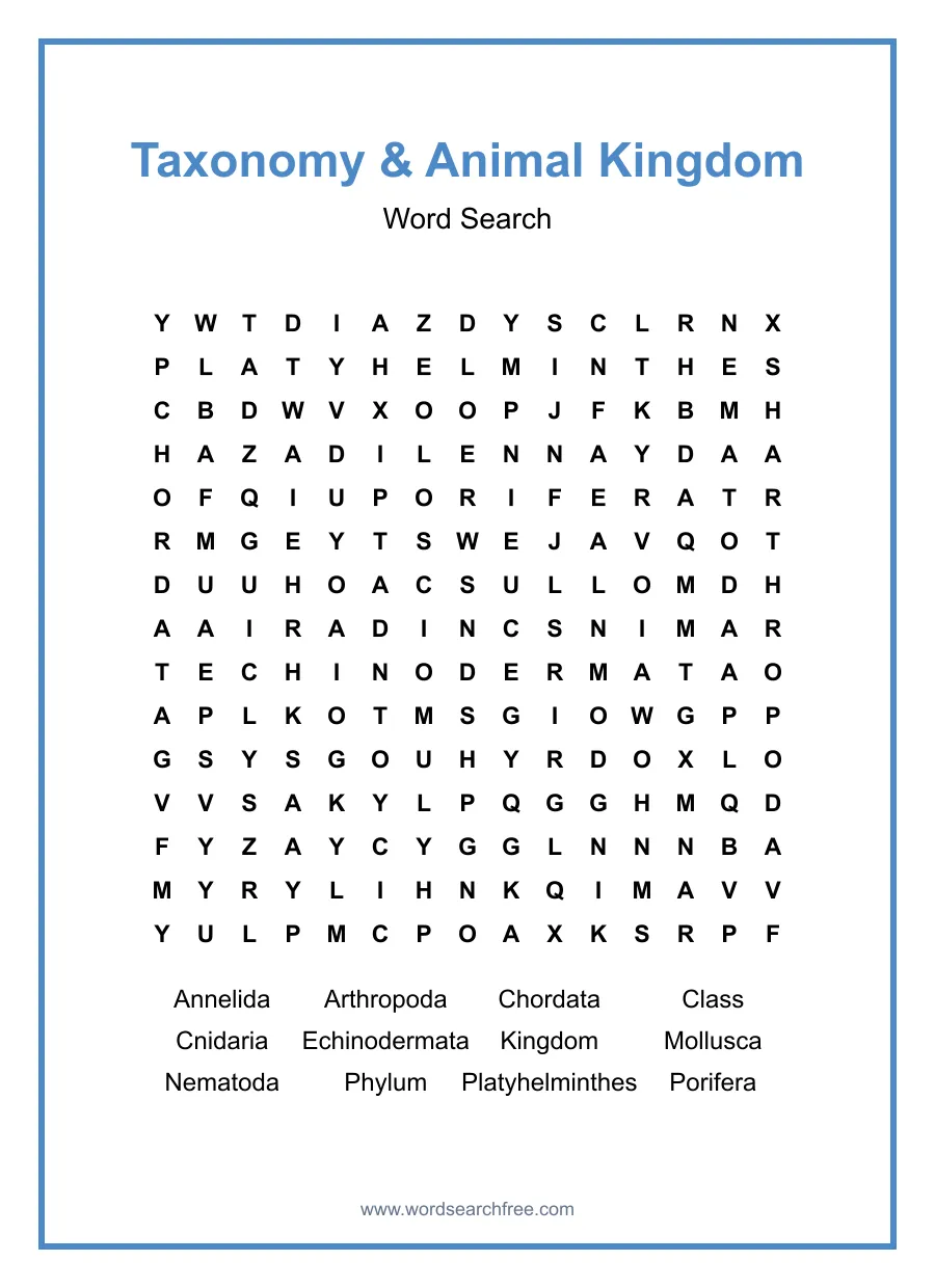 Taxonomy & Animal Kingdom Word Search - Free printable puzzle with 12 words