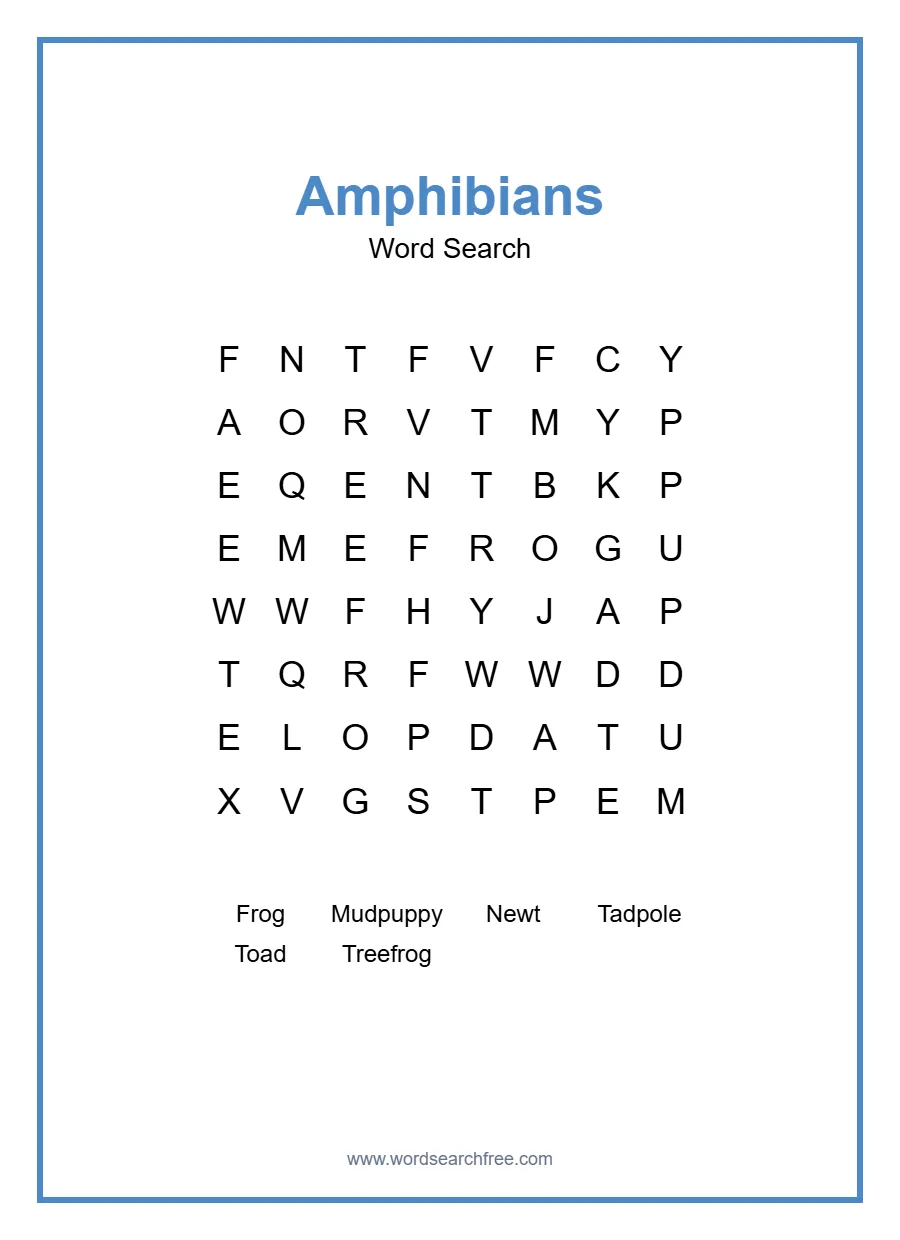 Amphibians Word Search - Free printable puzzle with 6 words