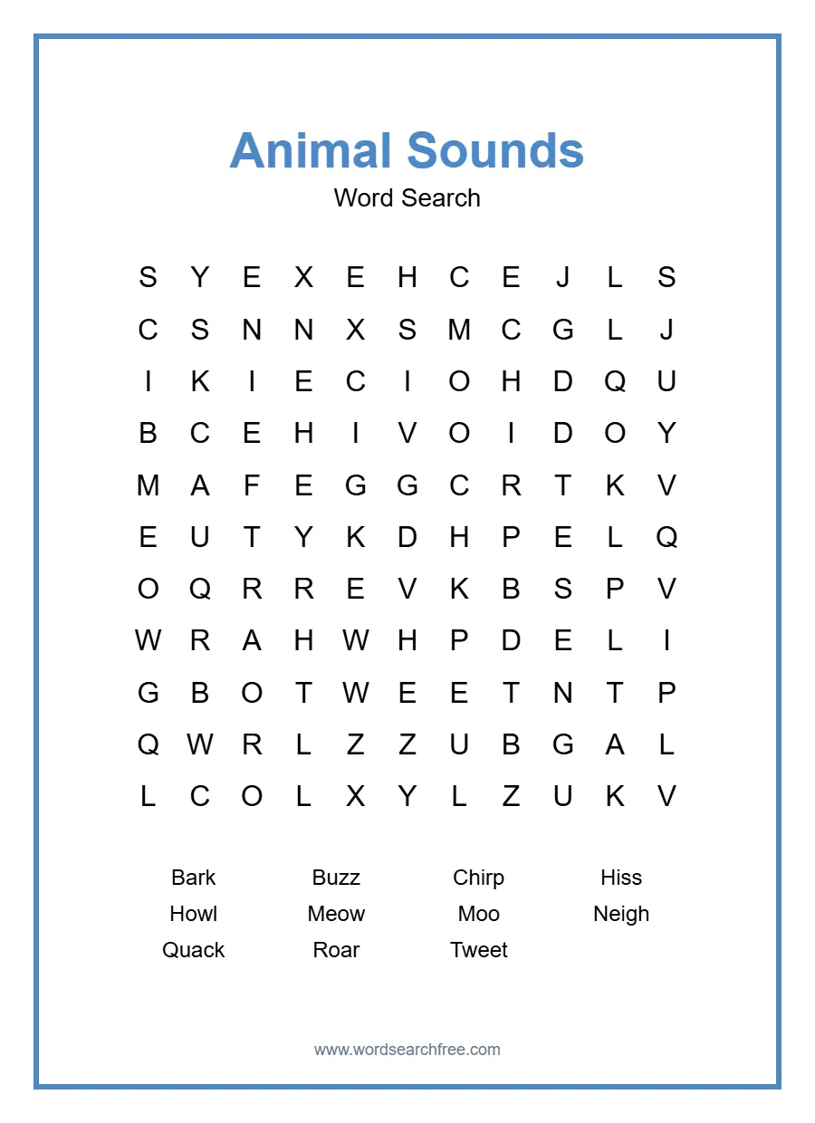 Animal Sounds Word Search - Free printable puzzle with 11 words