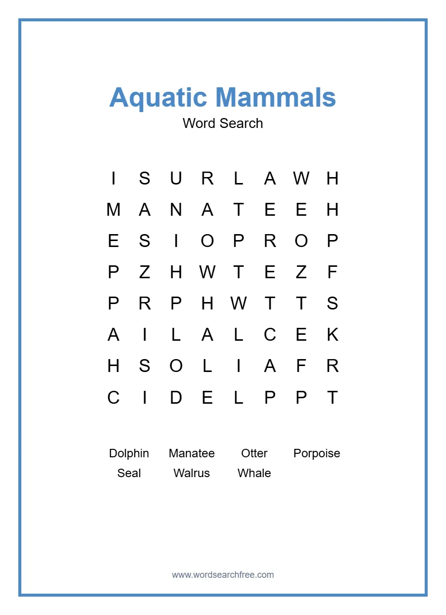 Aquatic Mammals Word Search - Free printable puzzle with 7 words