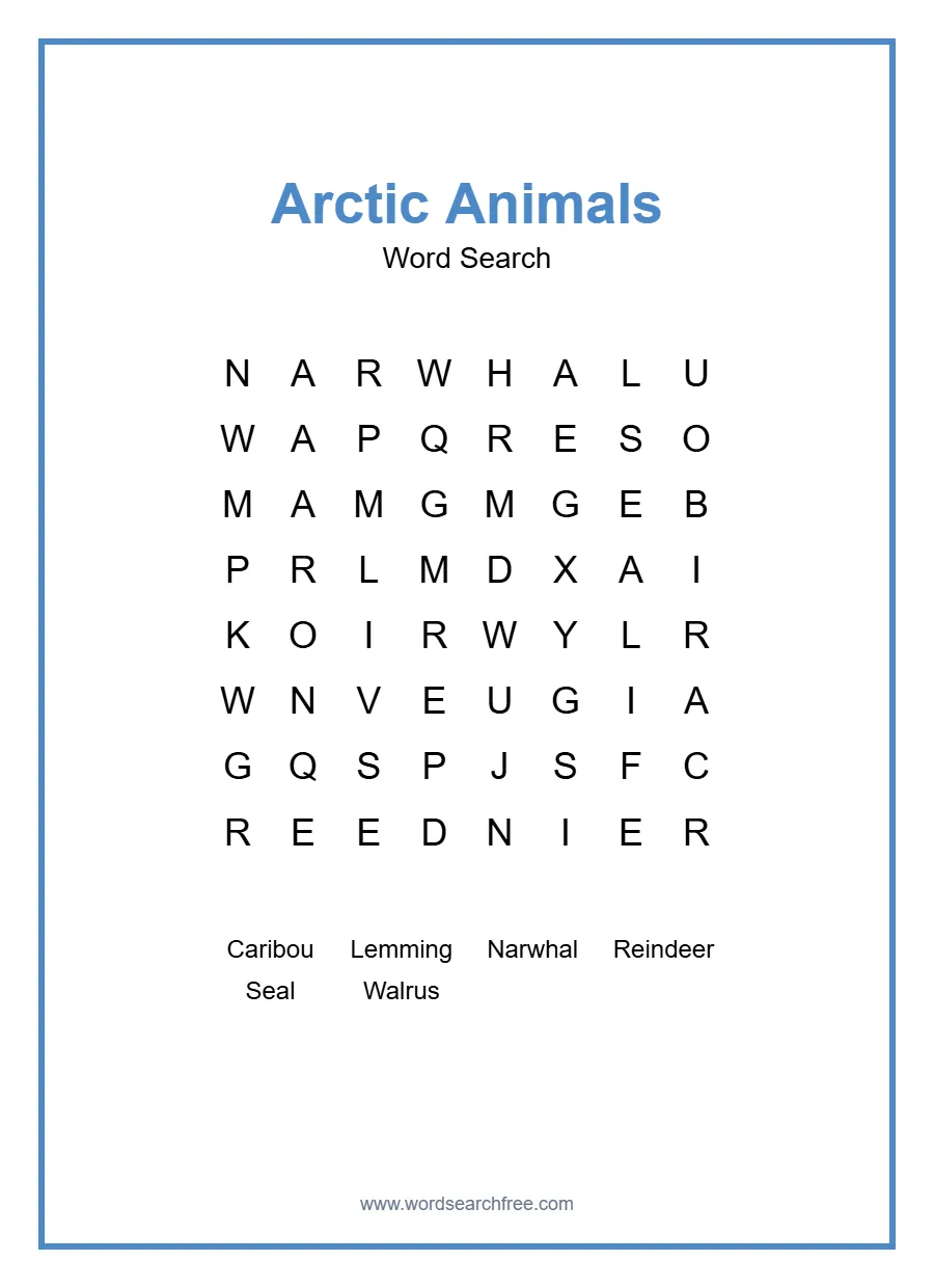 Arctic Animals Word Search - Free printable puzzle with 6 words