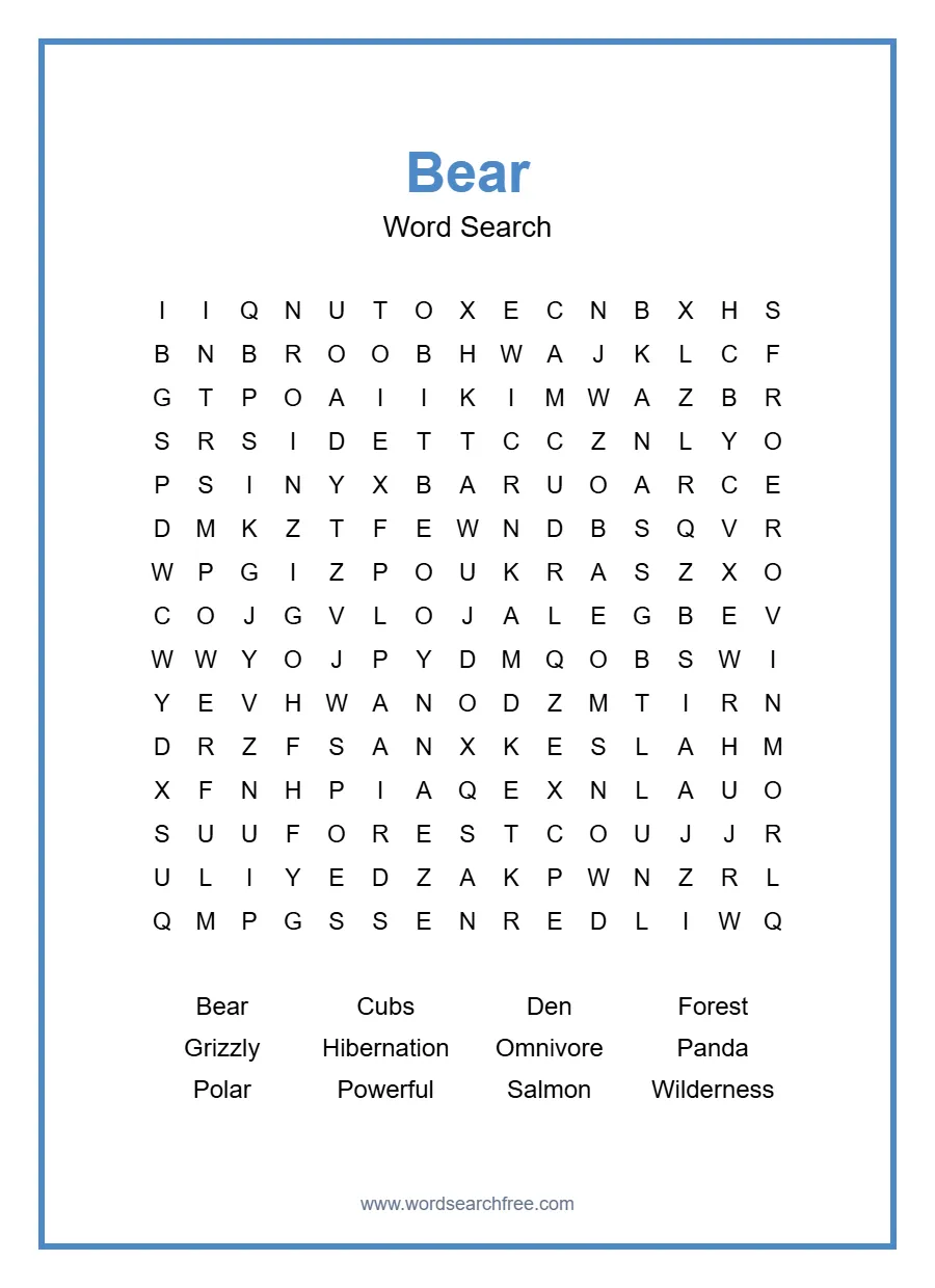 Bear Word Search - Free printable puzzle with 12 words