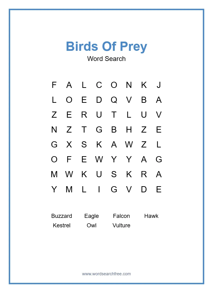 Birds Of Prey Word Search - Free printable puzzle with 7 words
