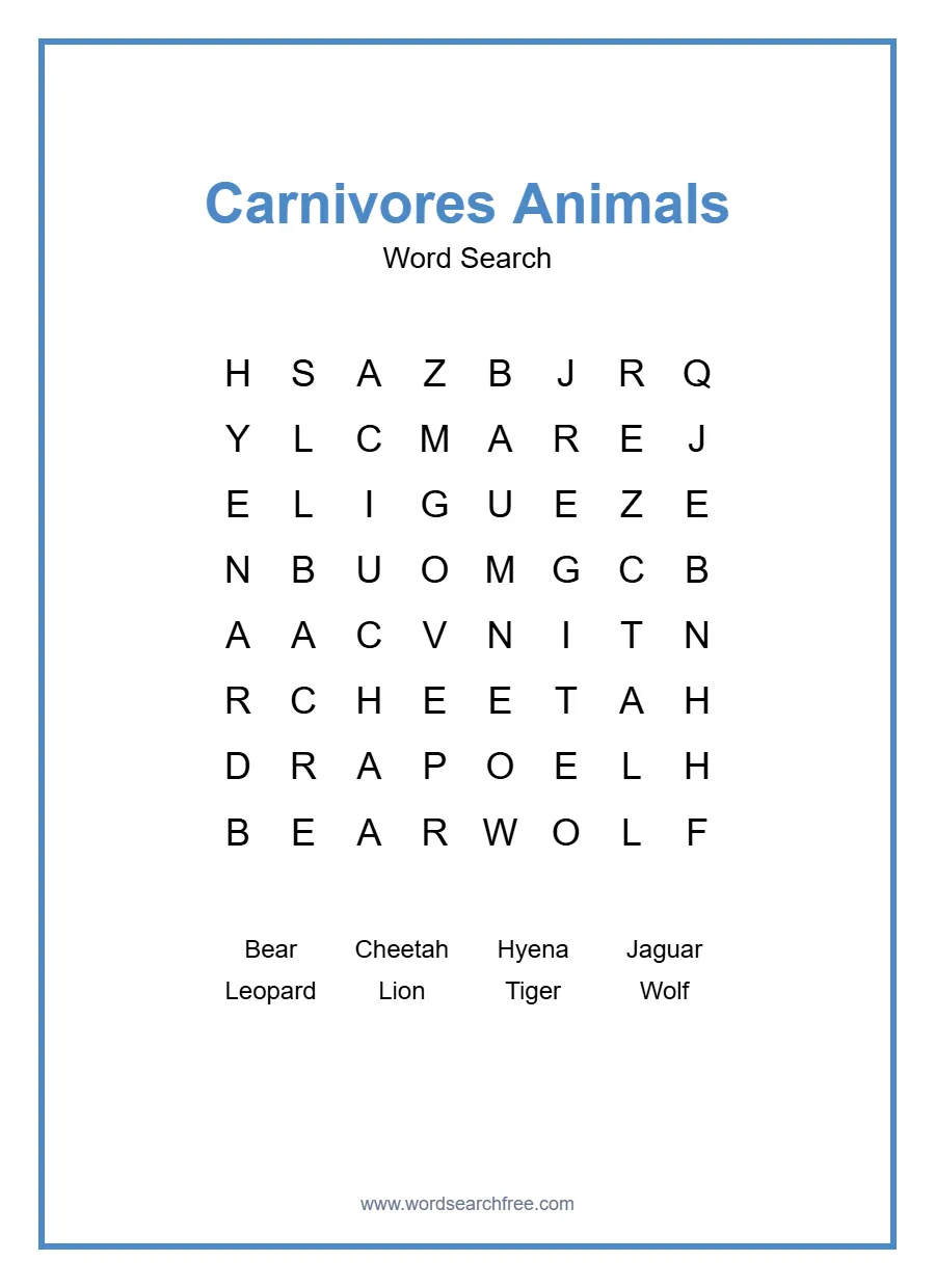 Carnivores Animals Word Search - Free printable puzzle with 8 words