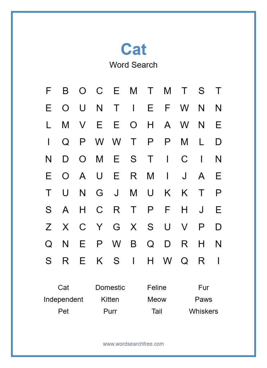 Cat Word Search - Free printable puzzle with 12 words