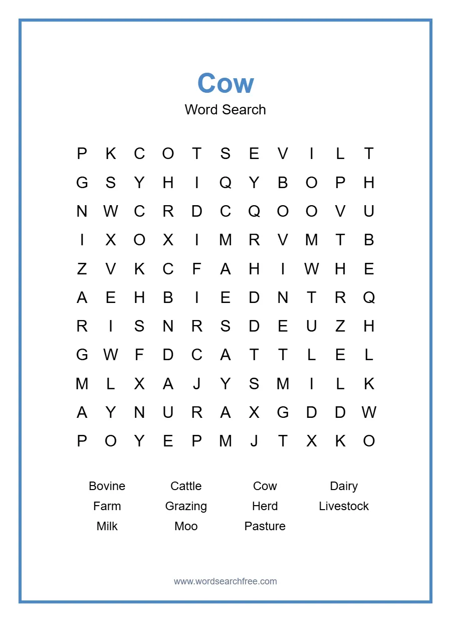 Cow Word Search - Free printable puzzle with 11 words
