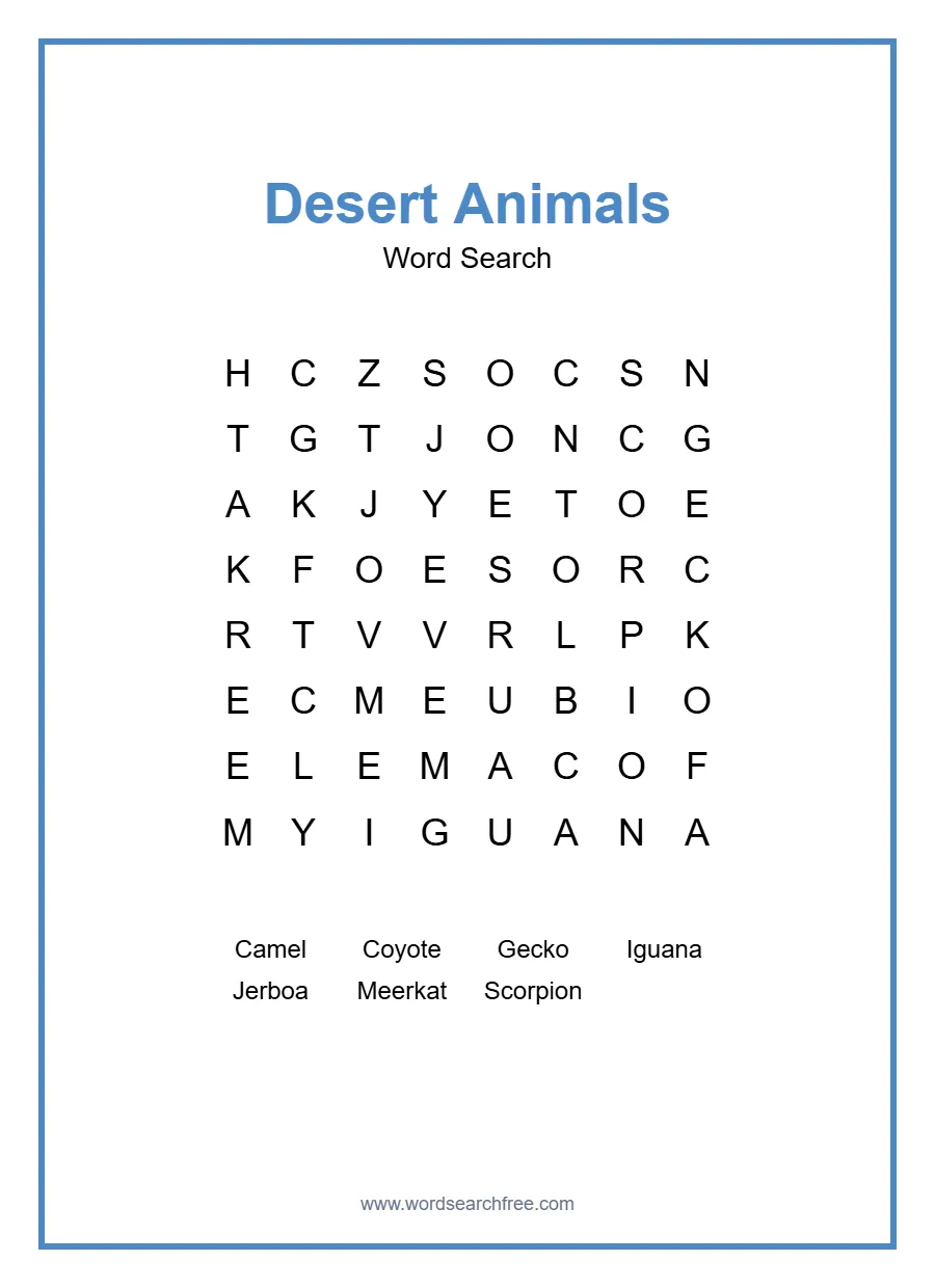 Desert Animals Word Search - Free printable puzzle with 7 words