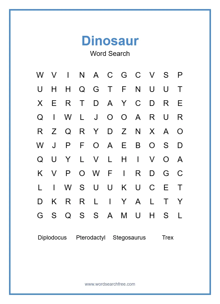 Dinosaur Word Search - Free printable puzzle with 4 words