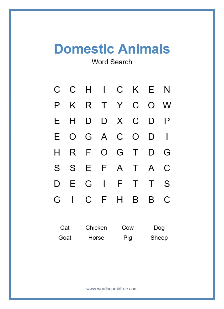 Domestic Animals Word Search - Free printable puzzle with 8 words