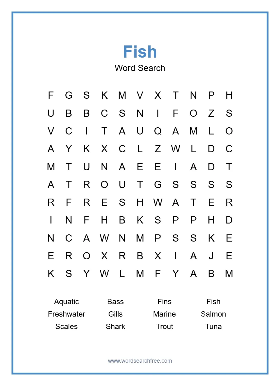 Fish Word Search - Free printable puzzle with 12 words