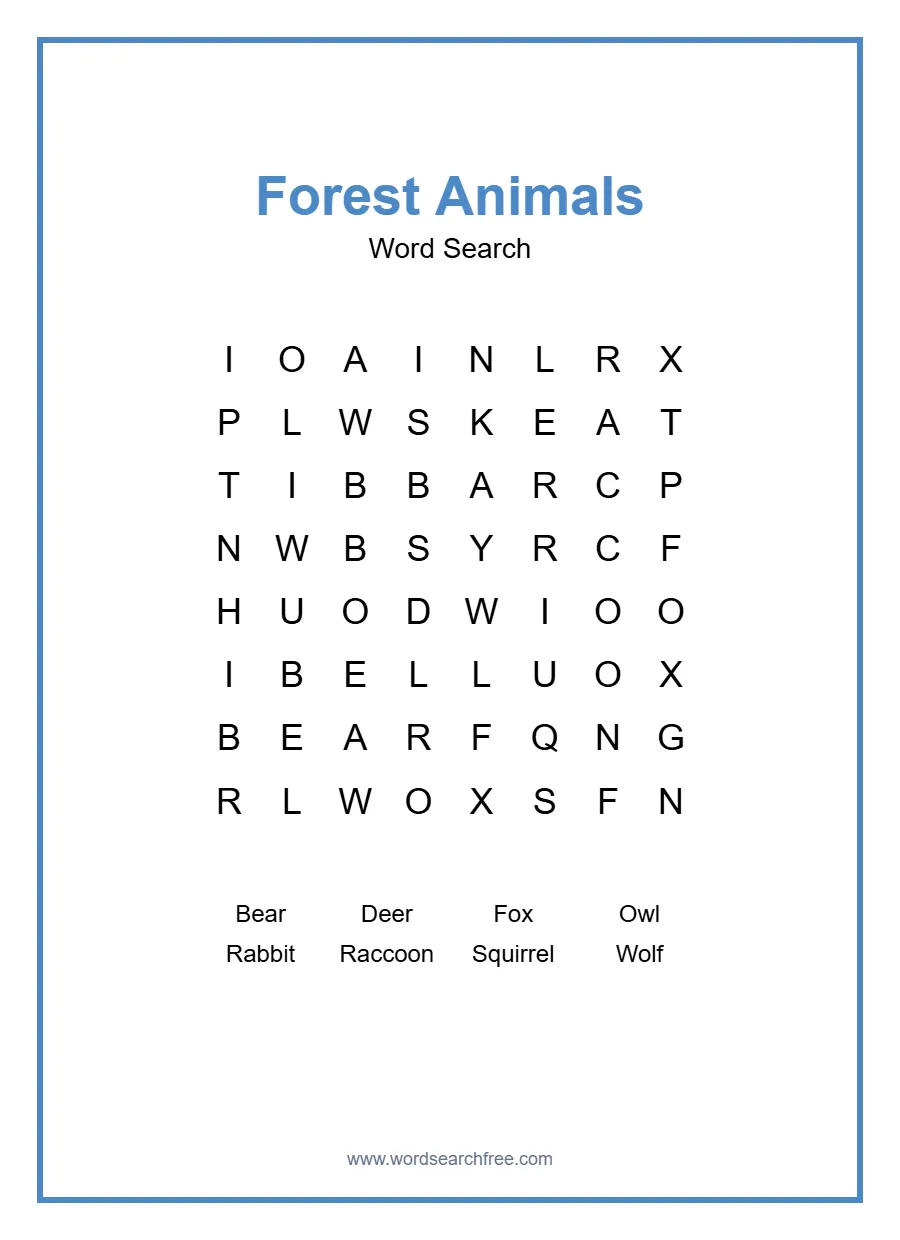 Forest Animals Word Search - Free printable puzzle with 8 words