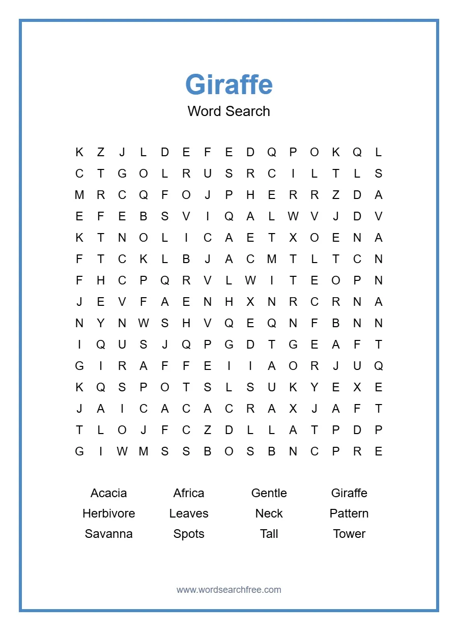 Giraffe Word Search - Free printable puzzle with 12 words