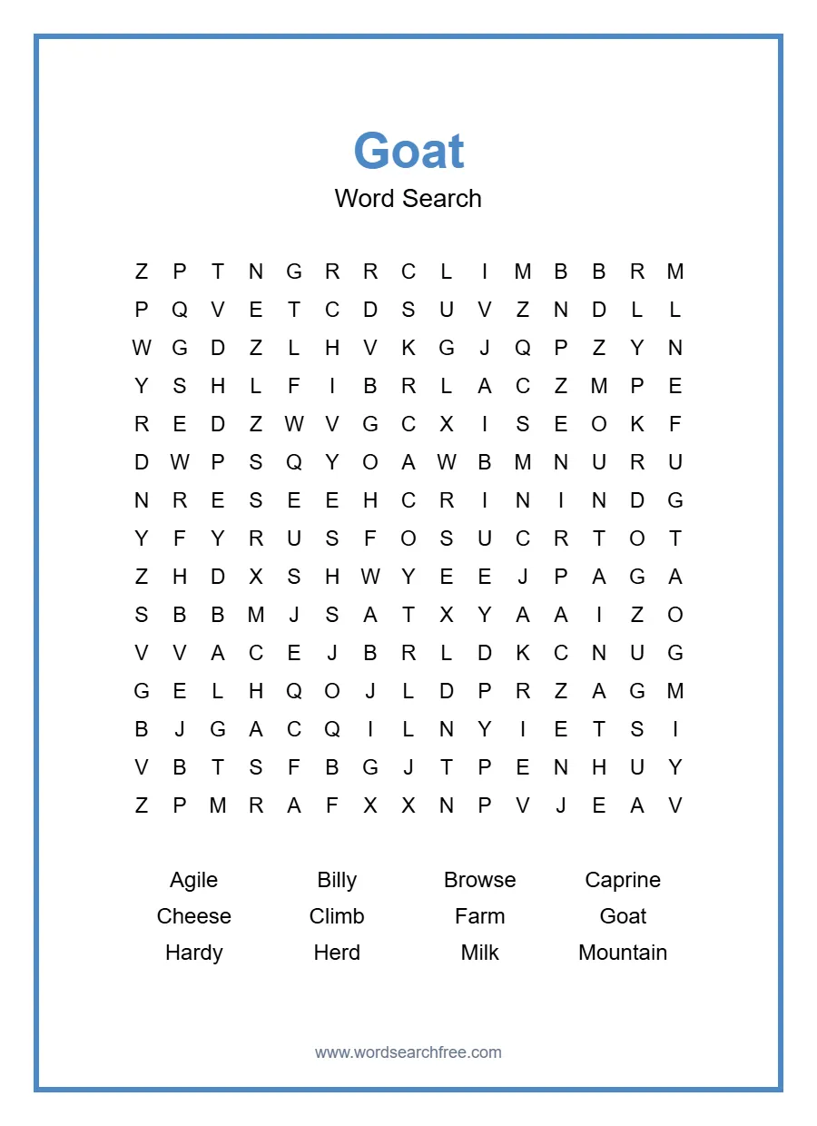 Goat Word Search - Free printable puzzle with 12 words