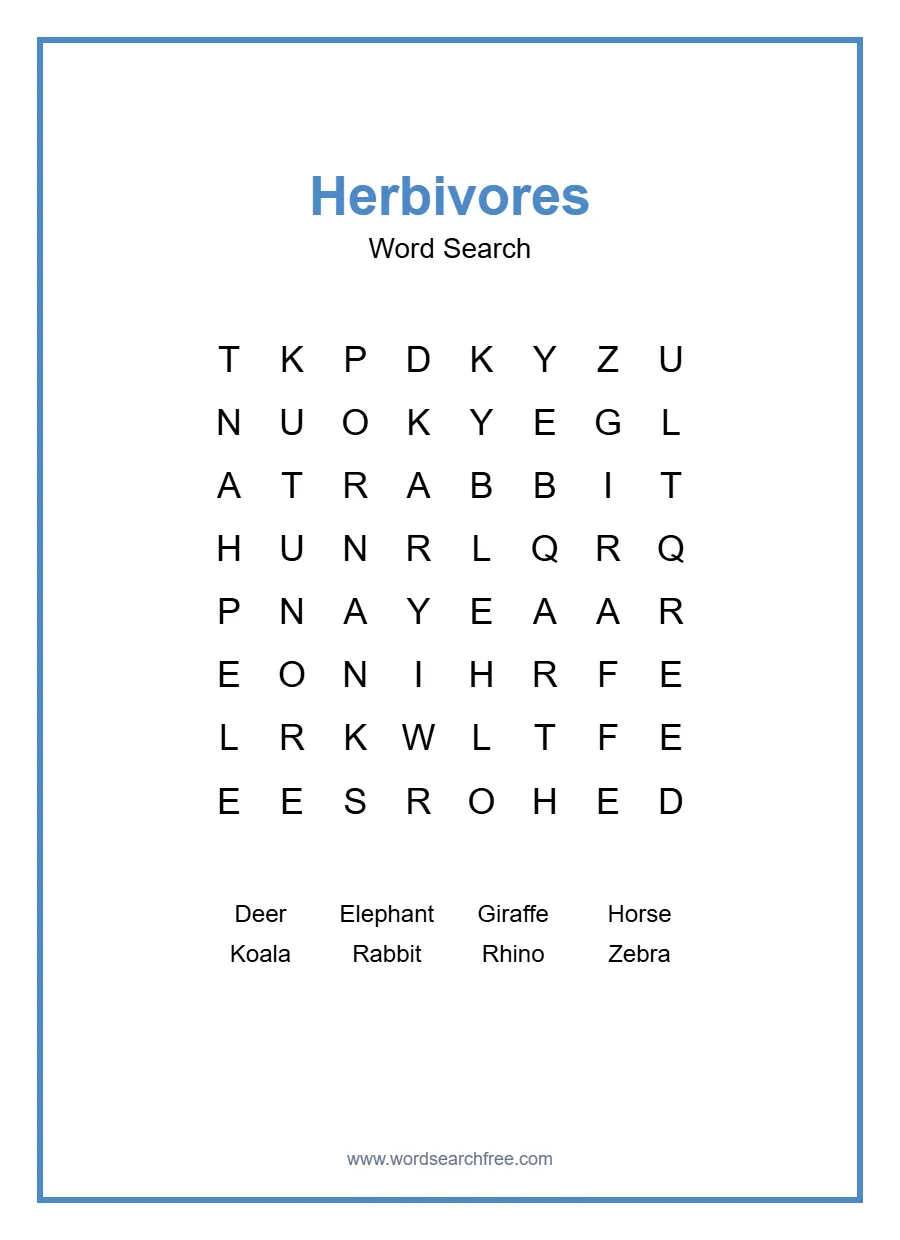 Herbivores Word Search - Free printable puzzle with 8 words