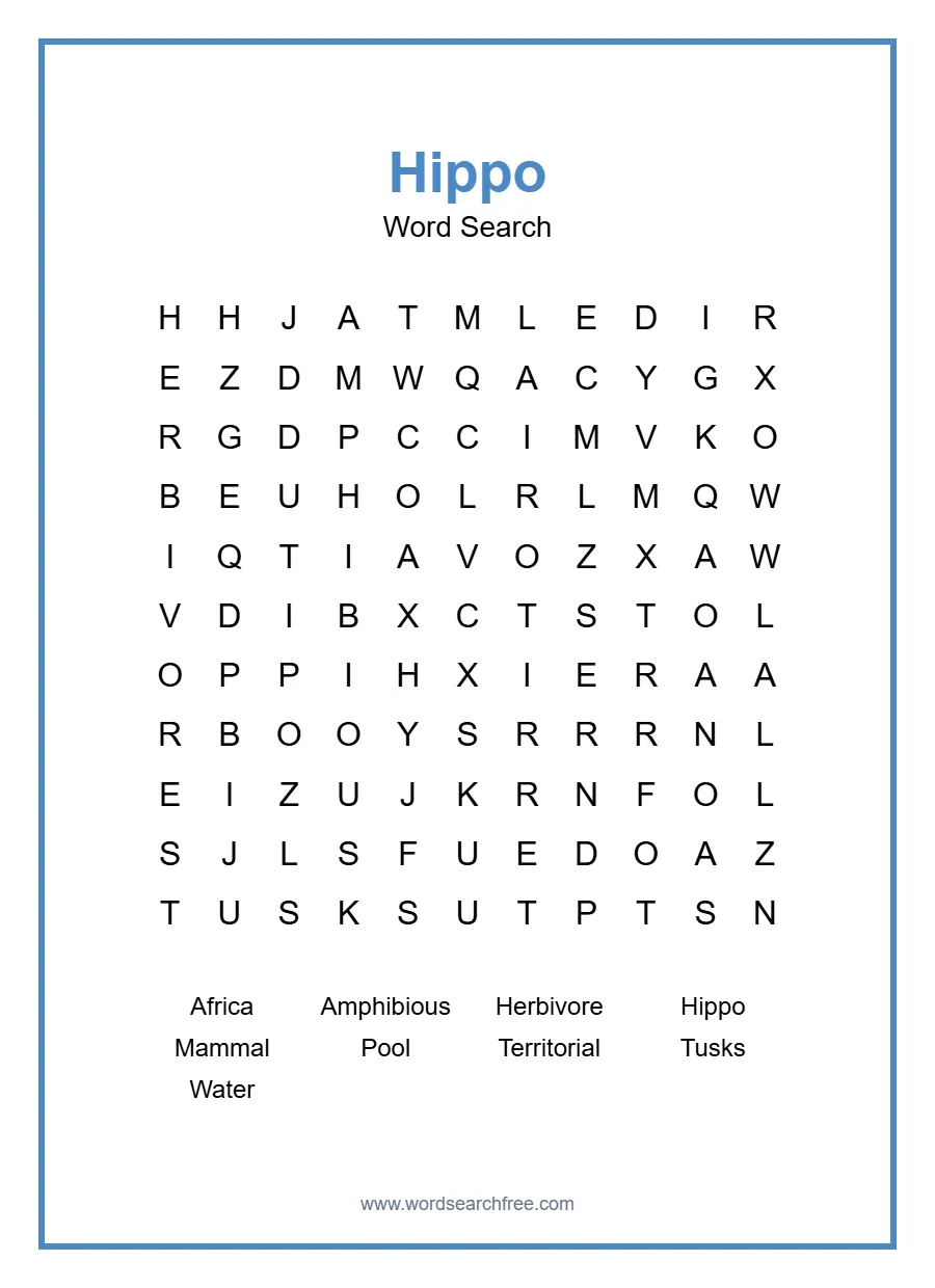 Hippo Word Search - Free printable puzzle with 9 words