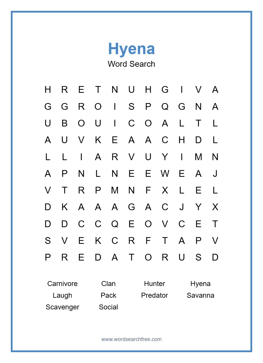 Hyena Word Search - Free printable puzzle with 10 words