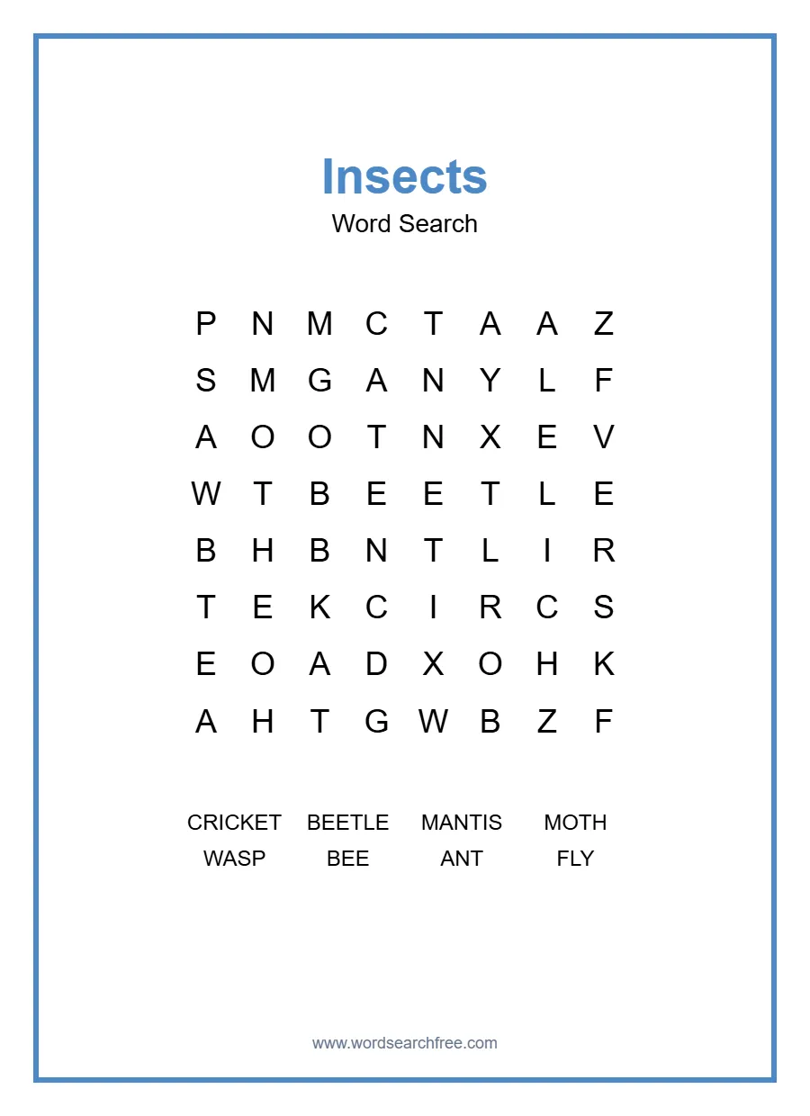 Insects Word Search - Free printable puzzle with 8 words