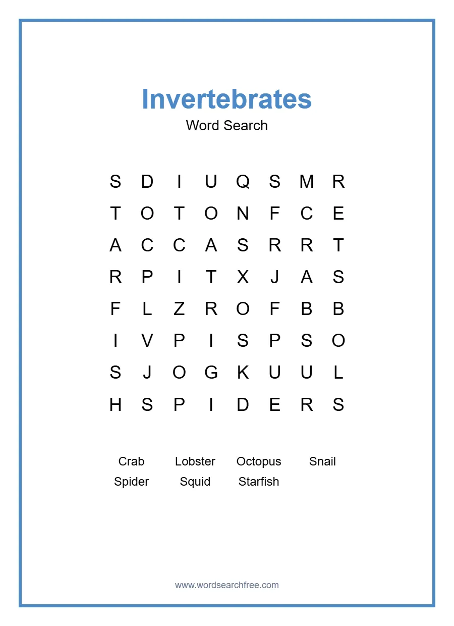 Invertebrates Word Search - Free printable puzzle with 7 words