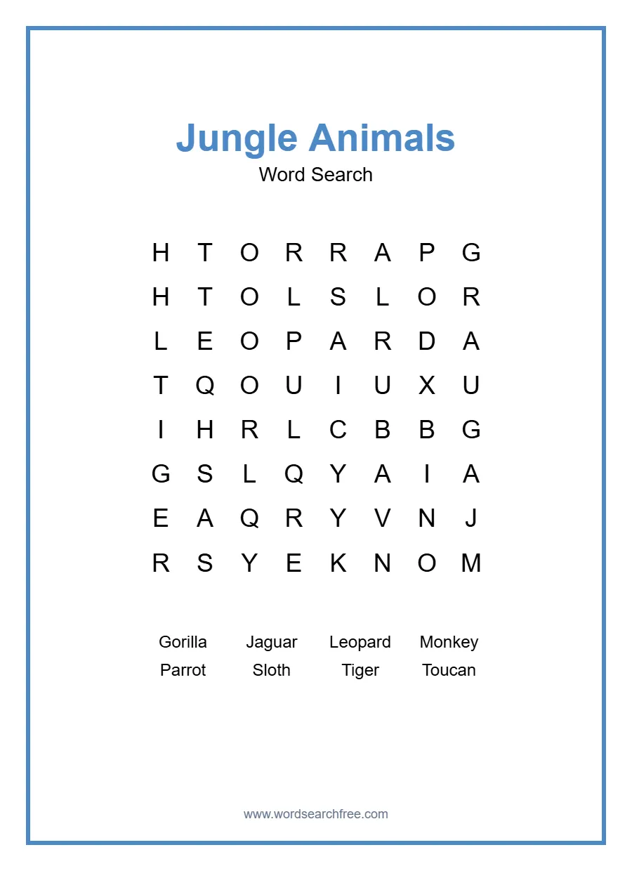 Jungle Animals Word Search - Free printable puzzle with 8 words
