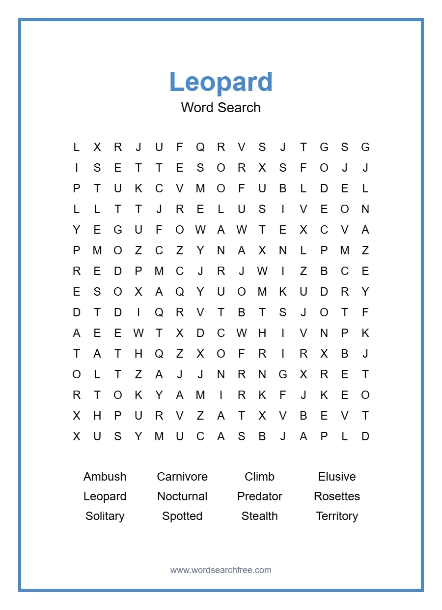 Leopard Word Search - Free printable puzzle with 12 words