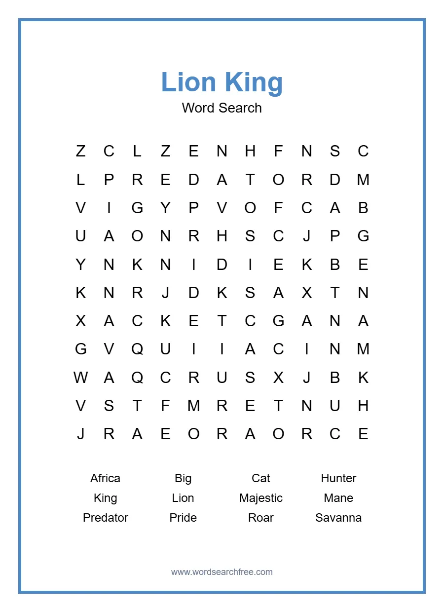 Lion King Word Search - Free printable puzzle with 12 words