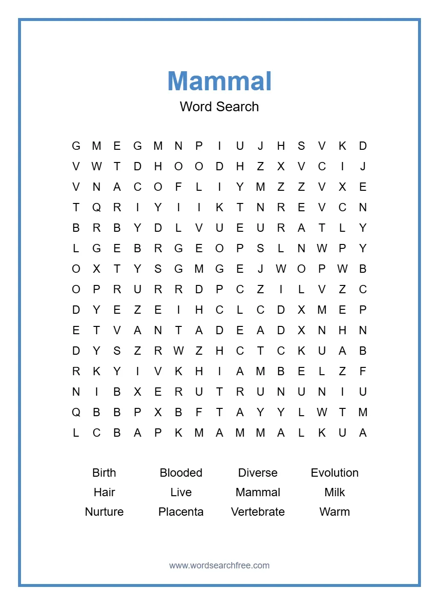 Mammal Word Search - Free printable puzzle with 12 words