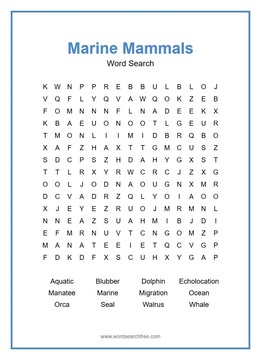 Marine Mammals Word Search - Free printable puzzle with 12 words