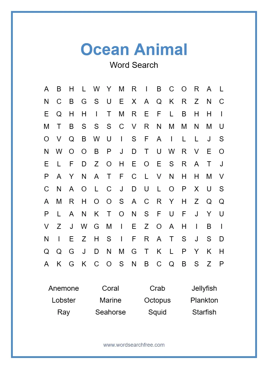 Ocean Animal Word Search - Free printable puzzle with 12 words